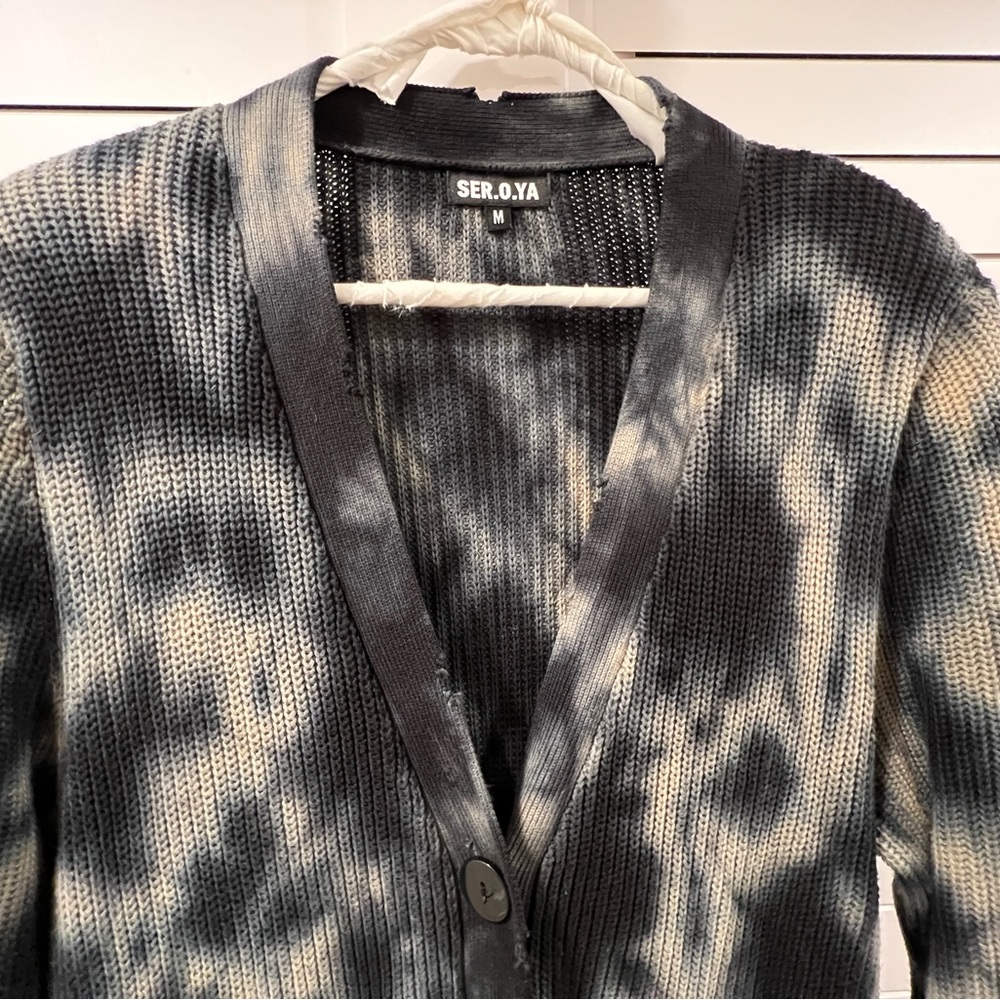 SER.O.YA distressed maxi tie dye sweater blues buttons, belt, pockets.